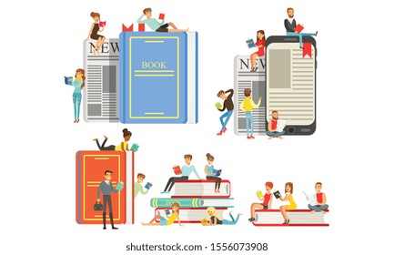 Giant books and a lot of reading people. Vector illustration