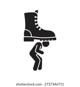 Giant boot stepping on small human figure representing oppression domination abuse of power authority control heavy burden injustice