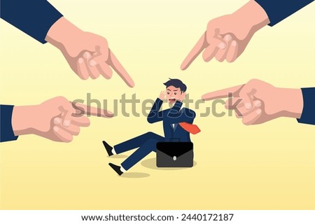 Giant boss hands pointing and blaming at depressed businessman employee, toxic work, bullying colleagues, bad culture make exhausted depressed employee, fear of failure and responsibility (Vector)