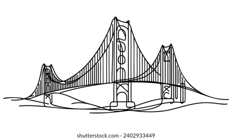 Giant bridge over river. Continuous one line drawing design. Simple modern minimaistic style vector illustration.