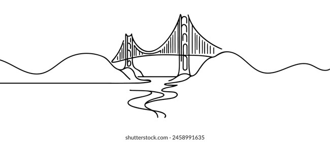 Puente gigante sobre el río. Diseño de dibujo continuo de una línea. Ilustración vectorial de estilo minimalista moderno simple