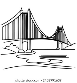 Puente gigante sobre el río. Diseño de dibujo continuo de una línea. Ilustración vectorial de estilo minimalista moderno simple