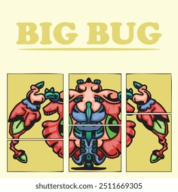 Giant bug cartoon illustration made in separated panel vector drawing