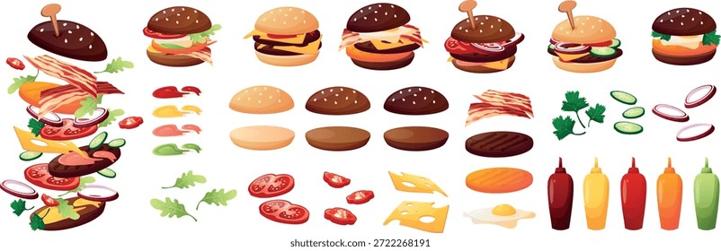 Constructor de hamburguesas gigantes con ingredientes de hamburguesas, verduras, salsas, carne, queso y bollos. Comida callejera, ferias, festivales y comida tradicional.