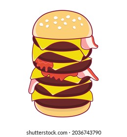 Giant burger with cheese and bacon. Vector illustration on a white background.