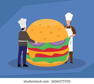 Gigante Burger e Chefs: Criação Culinária e Serviço Alimentar 2d ilustração vetorial