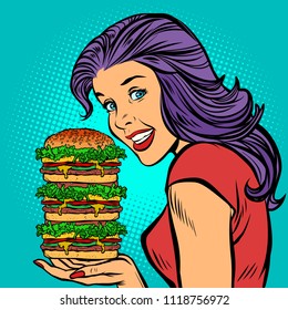 giant Burger. Hungry woman eating fast food. Comic cartoon pop art retro illustration vector drawing