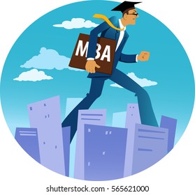 Giant businessman in an academic cap and with a MBA diploma walking through a city downtown, EPS 8 vector illustration