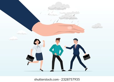 Giant businessman hand cover team member from rainstorm, employee care benefit, worker insurance or protection, boss or manager to protect team and colleagues, leader or boss to help employee (Vector)