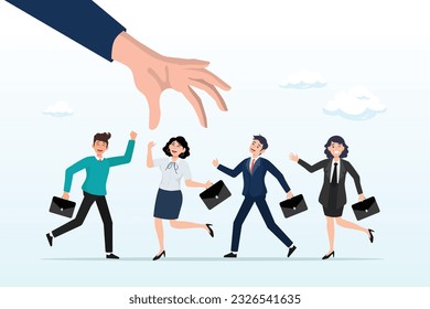 Giant businessman hand HR pick up winner from group of job candidate, choosing candidate for job vacancy, human resources or manager pick success candidate, searching for success people (Vector)