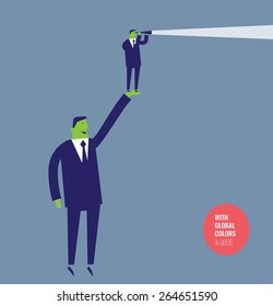 Giant businessman helping a small one to see better with a spyglass. Vector illustration Eps10 file. Global colors&layers.