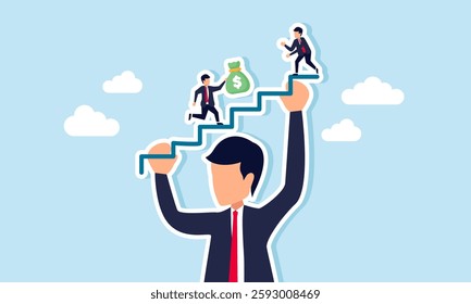 A giant businessman lifts a staircase shaped line while another passes a dollar sack, illustration of a strong holding company help subsidiaries grow with solid financial capital