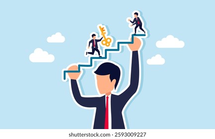 A giant businessman lifts a staircase shaped line while another passes a key, illustration of a strong holding company help subsidiaries grow through business efficiency solutions