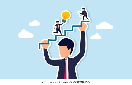 A giant businessman lifts a staircase-shaped line while another businessman passes a torch, illustration of a strong holding company help subsidiaries grow through ideas and innovations