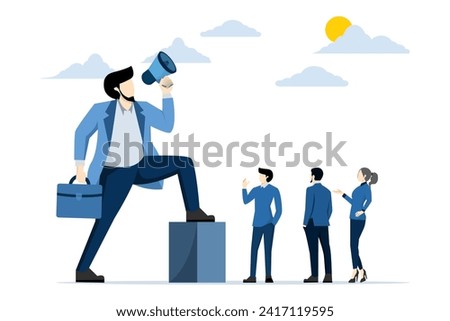 Giant businessman manager uses megaphone to order employees, dominant leader, bossy manager uses authority power to command and control employees to work, contrast and conflict management concept.