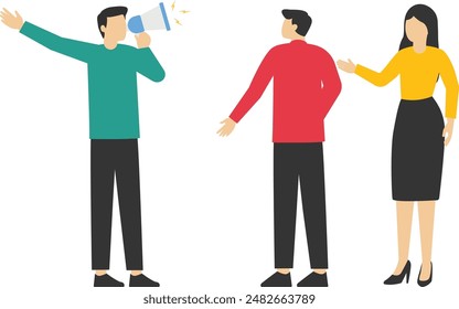 giant businessman manager using a megaphone to command employees, dominant leader, a bossy manager using authority power to command and control employees to work, contrast and conflict management conc