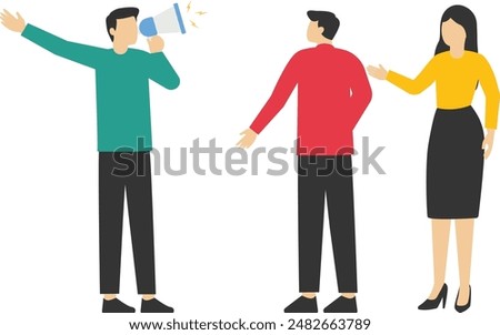 giant businessman manager using a megaphone to command employees, dominant leader, a bossy manager using authority power to command and control employees to work, contrast and conflict management conc