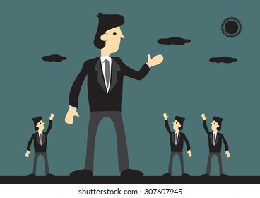 Giant businessman well received by peers. Symbolism for big successful corporation. Creative vector cartoon illustration on business leader concept.