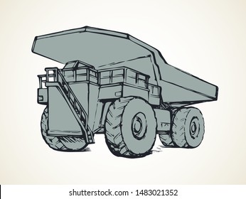 Giant carrier metal tip dirt trash haul dumptruck on white sky background. Freehand line black ink hand drawn logo sign icon sketch in art modern doodle cartoon style pen on paper with space for text