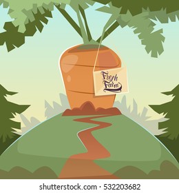 Giant Carrot Growing Countryside Background Eco Fresh Farming Concept Flat Vector Illustration