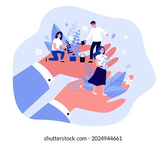 Giant cartoon hands holding people with potted plants. Man and woman watering flower flat vector illustration. Gardening, ecology, nature concept for banner, website design or landing web page