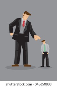 Giant cartoon man in angry gesture and pointing index finger at smaller sized man with head hang low. Creative vector illustration for being scolded at work concept isolated on grey background.