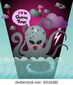giant cartoon octopus in stormy ocean