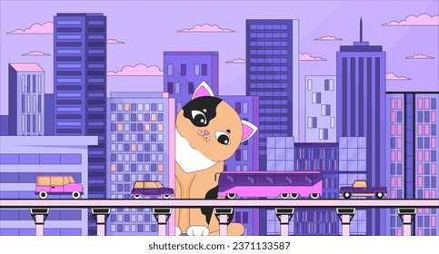 Giant cat watching over city 2D linear illustration concept. Curious kitten behind building apartment cartoon scene background. Kitty counting vehicles metaphor abstract flat vector outline graphic