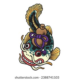  Giant catfish Namazu is the giant catfish of Japanese mythology, vector illustration.