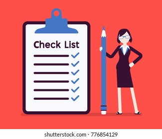 Giant check list. Young businesswoman with big list of things to be checked, items required, things to be done, office schedule reminder. Vector business concept illustration, faceless characters