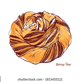 Giant Cinnamon Roll Cake. Giant Danish cinnamon roll. Cinnamon twist bread. Vector hand drawn illustration on white background.