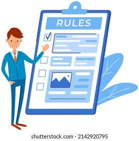 Giant clipboard, task done and check mark ticks. Check document with rules. Form with survey, paper sheet with results of review. Colleagues discuss business rules. Strategy, business development