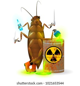 A giant cockroach drinks a radioactive cola and chemical waste from a rusty barrel. Toxic green fluorescent liquid in a keg. Environmental pollution danger of ecological disaster. Vector illustration.