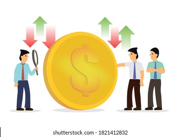 Giant coin surround by businessmen with up and down arrows. Concept of value of money. Vector illustration.