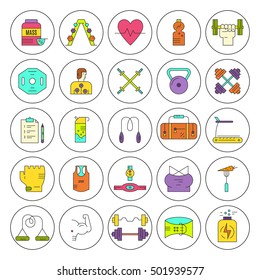 Giant colorful vector icon set with bodybuilding, weightloss and fitness training gear and equipment elements made in line style.