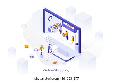 Giant computer monitor or display with people or customers buying goods inside. Concept of online shopping, internet or digital retail, web purchase. Modern colorful isometric vector illustration.