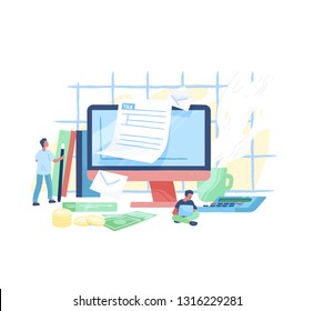 Giant computer, tiny people or taxpayers sitting beside and filling in tax form, money bills and coins. Personal taxation, income or revenue calculation. Modern vector illustration in flat style.