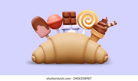 Giant croissant, popsicle, lollipop, chocolate bar, spiral candy, soft ice cream in waffle cone. Bright advertising of various types of sweets. Large assortment