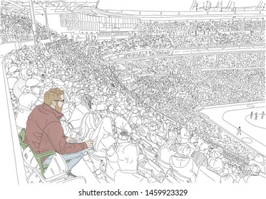 A giant crowd gathers at a baseball stadium to watch a game. Hand drawn vector illustration. One man in color.