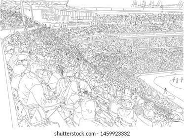 A giant crowd gathers at a baseball stadium to watch a game. Hand drawn vector illustration. Black and white.