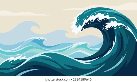Giant Curling Ocean Wave with White Foam Abstract Seascape Illustration
