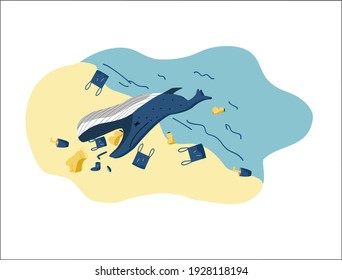 Giant dead whale on ocean beach with plastic pollution problem vectors and illustration