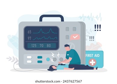 Giant defibrillator, male paramedic help via cardiac arrest of woman patient suffer from heart attack. Doctor first aid resuscitation. Lifesaving, ambulance, emergency service. vector illustration