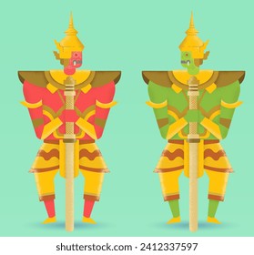 Giant demons red and green Thailand attraction and landscape graphic vector
