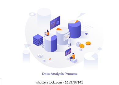 Giant diagrams, charts or graphs and people analyzing statistical or financial information, analysts calculating statistics. Concept of big data analysis process. Modern isometric vector illustration.