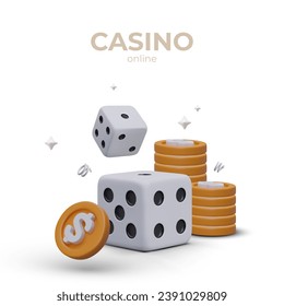 Giant dice, gold coins, decorative elements. Concept of winning game of chance. Online service for players, modern casino format. Bets on money, gambling