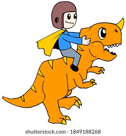 a giant dinosaur carrying a small child around the streets. cartoon illustration sticker mascot emoticon