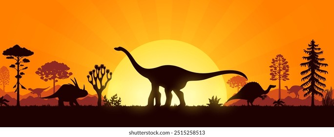 Siluetas de dinosaurio gigante en la puesta de sol de la era jurásica en el bosque prehistórico, fondo de Vector. Dinosaurios y siluetas de lagarto gigante en paisaje de valle de montaña con sol en el cielo para museo de paleontología