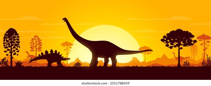 Silhuetas gigantes de dinossauros na paisagem do pôr do sol na floresta da era Jurássica, fundo vetorial. Silhueta de lagarto de dinossauros em desenho animado paisagem pré-histórica do pôr do sol do vale da montanha para museu de paleontologia