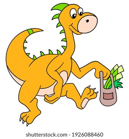 a giant dinosaur walking from the market carrying his groceries, vector illustration art. doodle icon image kawaii.